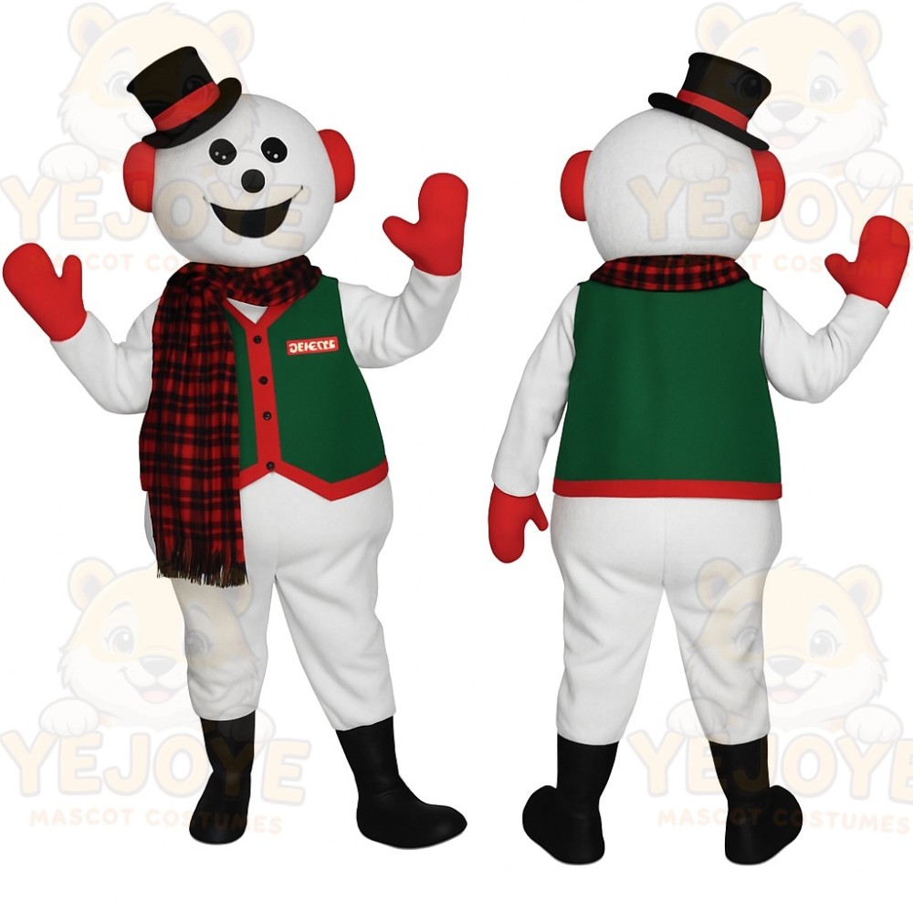 White Green Red Top Hat Snowman Mascot Costume