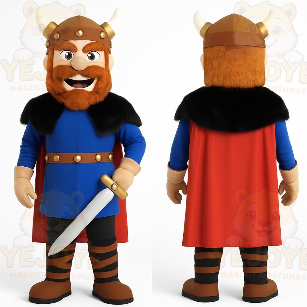 Blue Red Brown Bearded Viking Mascot Costume