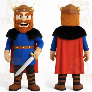 Blue Red Brown Bearded Viking Mascot Costume