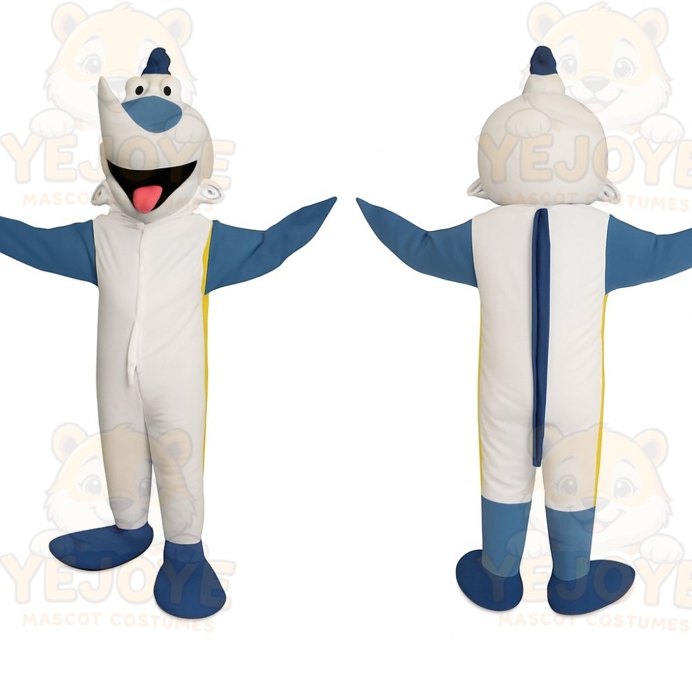 White Blue Smiling Narwhal Mascot Costume