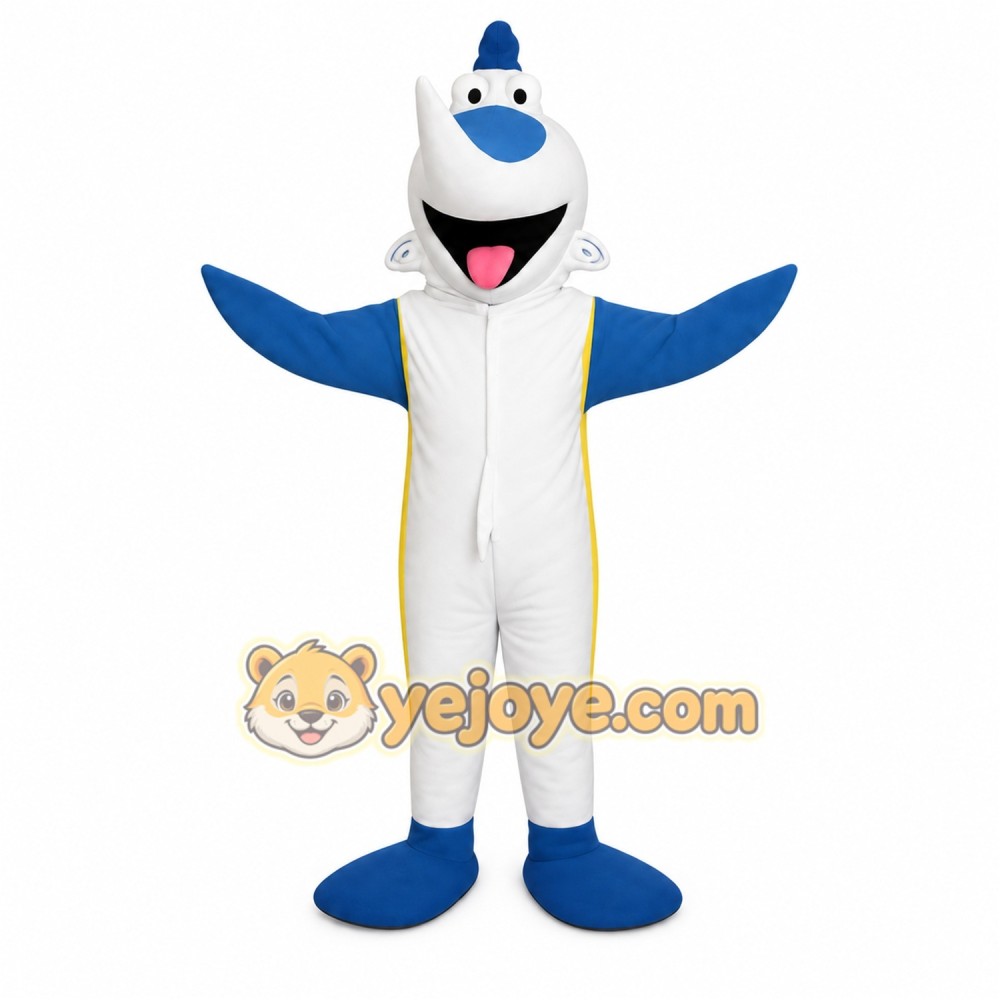 White Blue Smiling Narwhal Mascot Costume White Blue Smiling Narwhal Mascot Costume