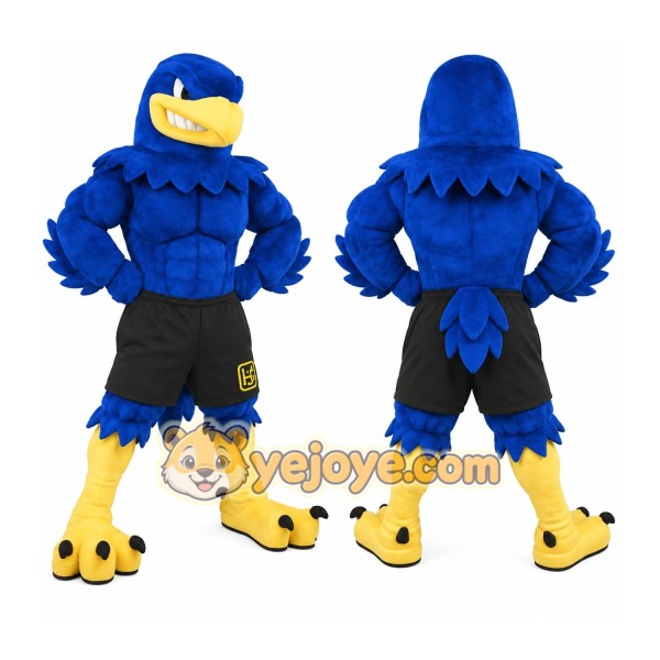 Blue Yellow Black Muscular Eagle Mascot Costume