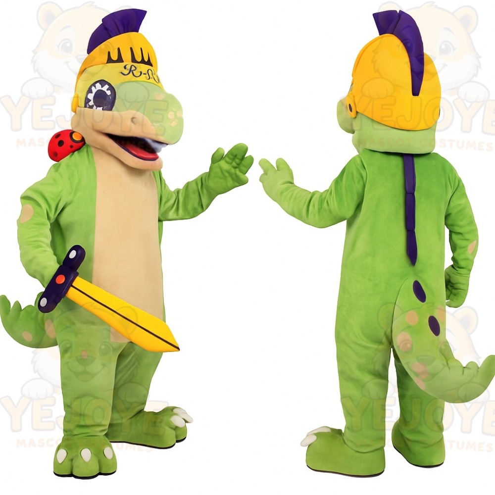 Green Yellow Dinosaur Knight Mascot Costume