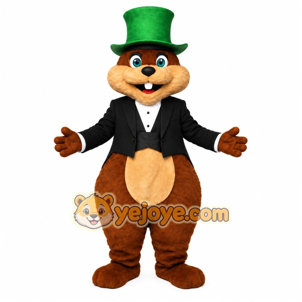 Brown Green Groundhog Gentleman Mascot Costume
