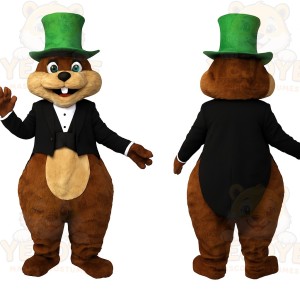 Brown Green Groundhog Gentleman Mascot Costume