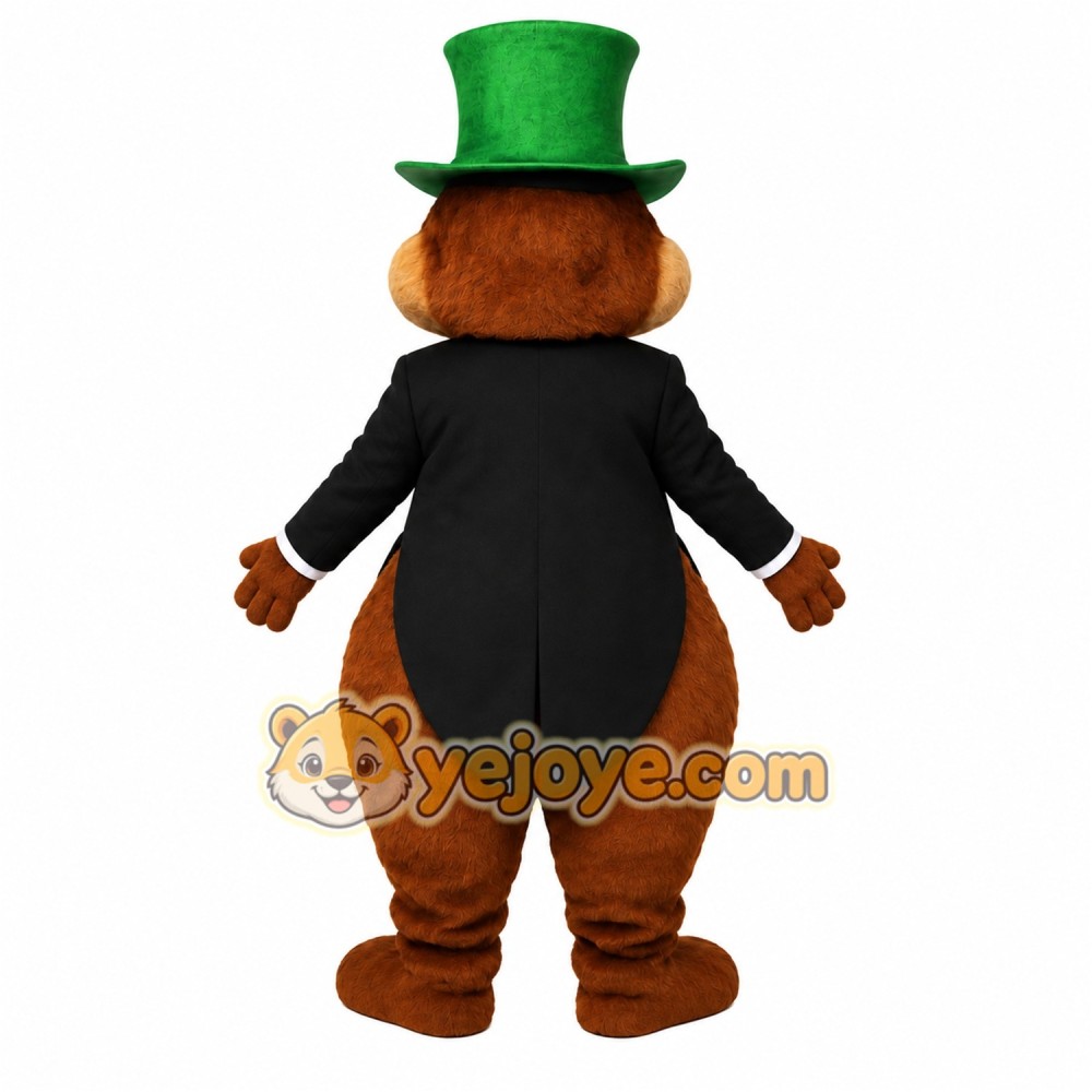 Brown Green Groundhog Gentleman Mascot Costume