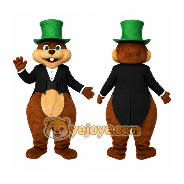 Brown Green Groundhog Gentleman Mascot Costume