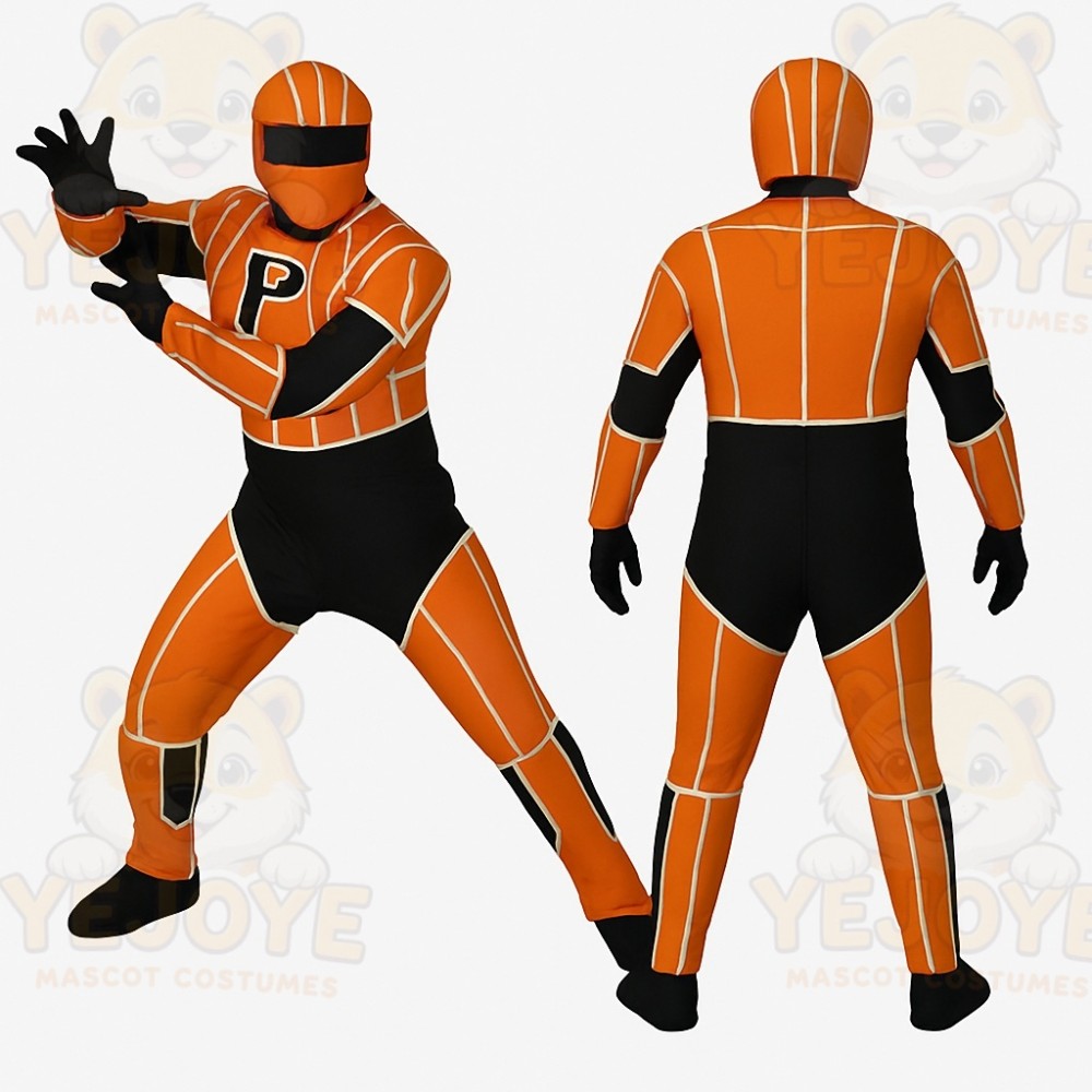 Orange Black Helmeted Racer Mascot Costume