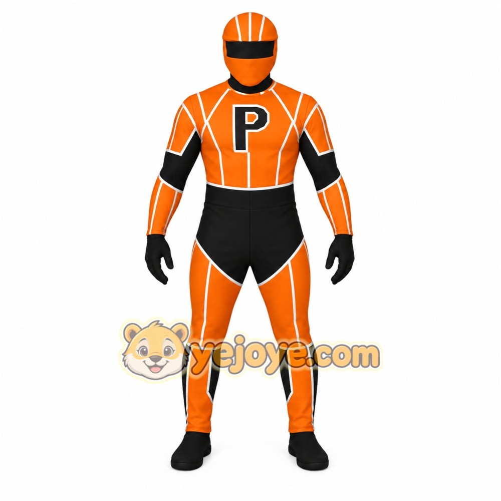 Orange Black Helmeted Racer Mascot Costume