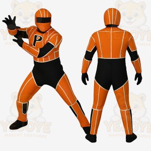 Orange Black Helmeted Racer Mascot Costume