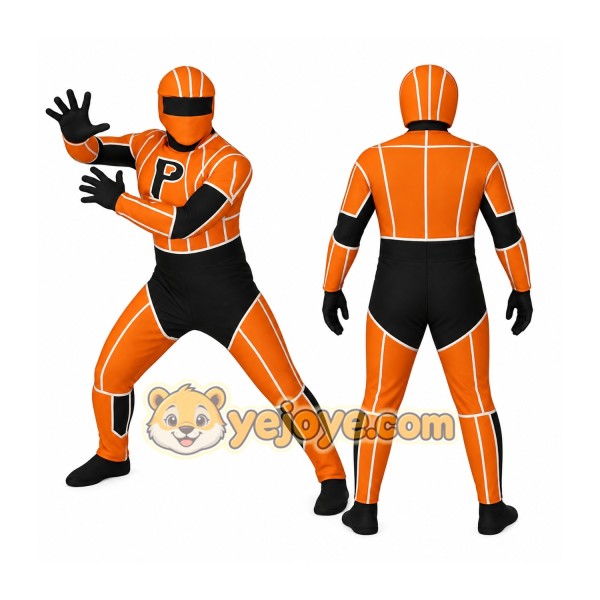 Orange Black Helmeted Racer Mascot Costume