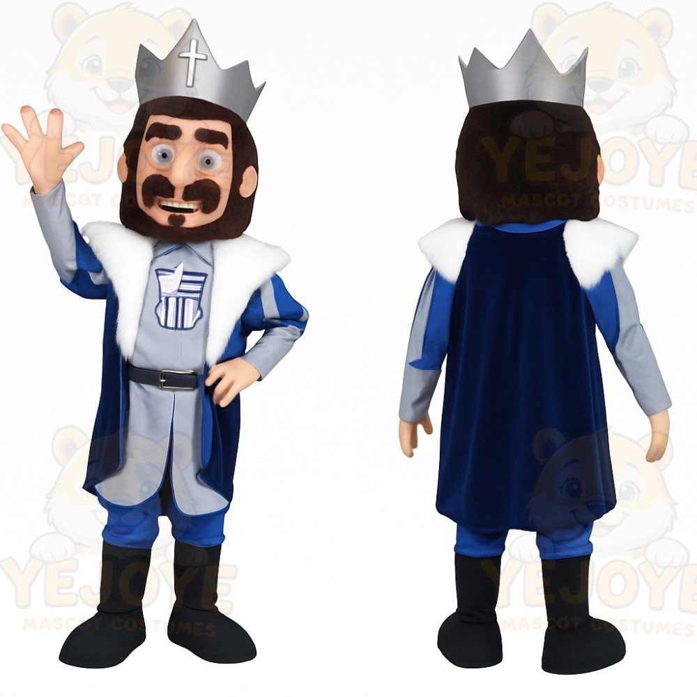 Navy Blue Gray Bearded King Mascot Costume