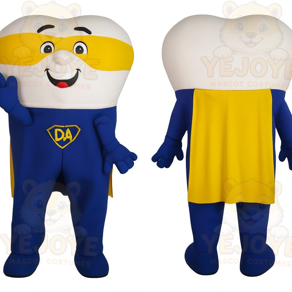Blue Yellow White Superhero Tooth Mascot Costume