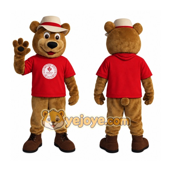 Brown Bear With Red Shirt Mascot Costume