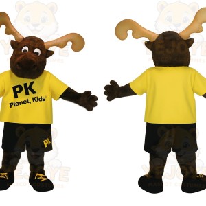 Brown Moose In Yellow Shirt Mascot Costume