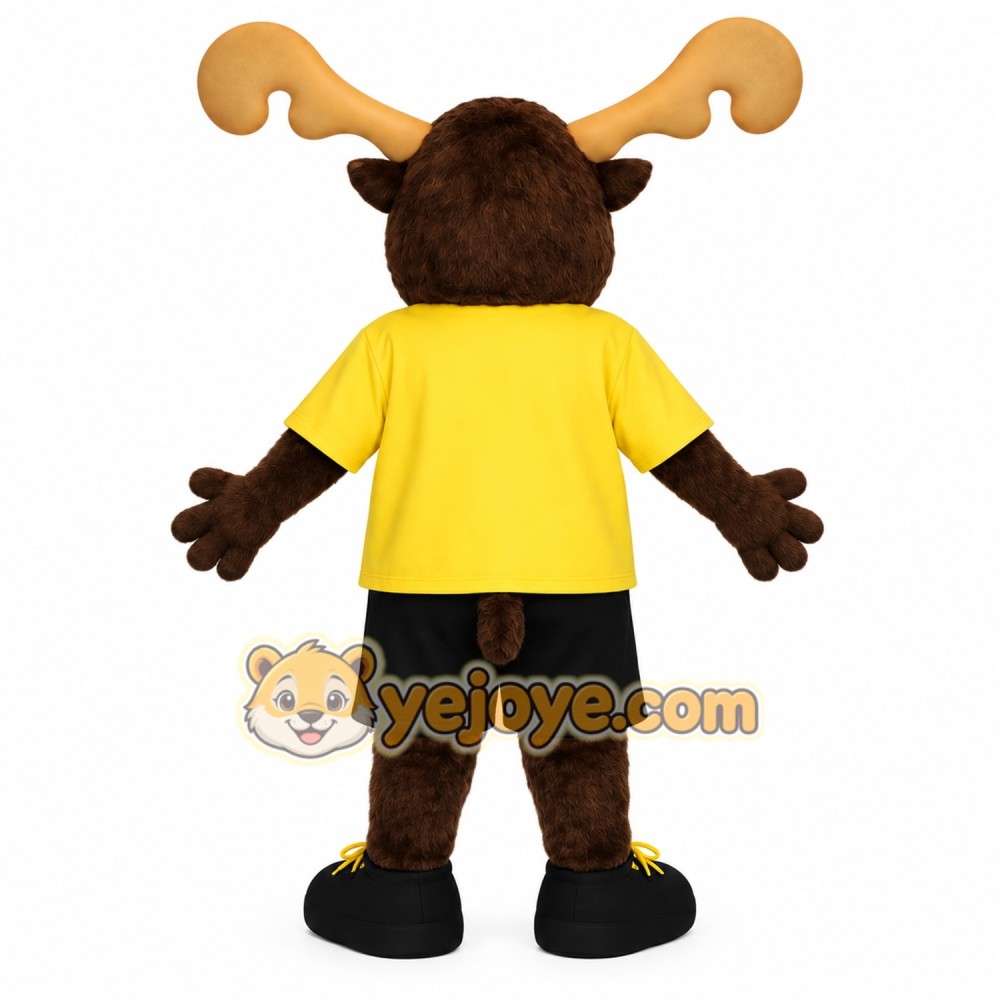 Brown Moose In Yellow Shirt Mascot Costume Brown Moose In Yellow Shirt Mascot Costume