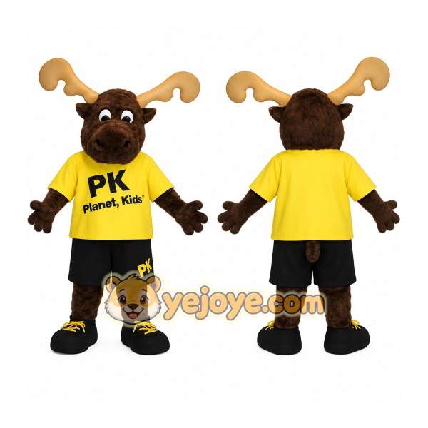 Brown Moose In Yellow Shirt Mascot Costume