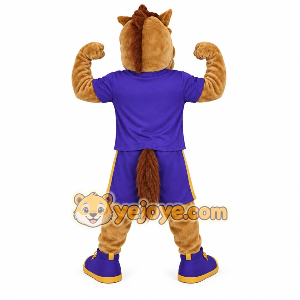 Tan Brown Purple Athletic Horse Mascot Costume Tan Brown Purple Athletic Horse Mascot Costume