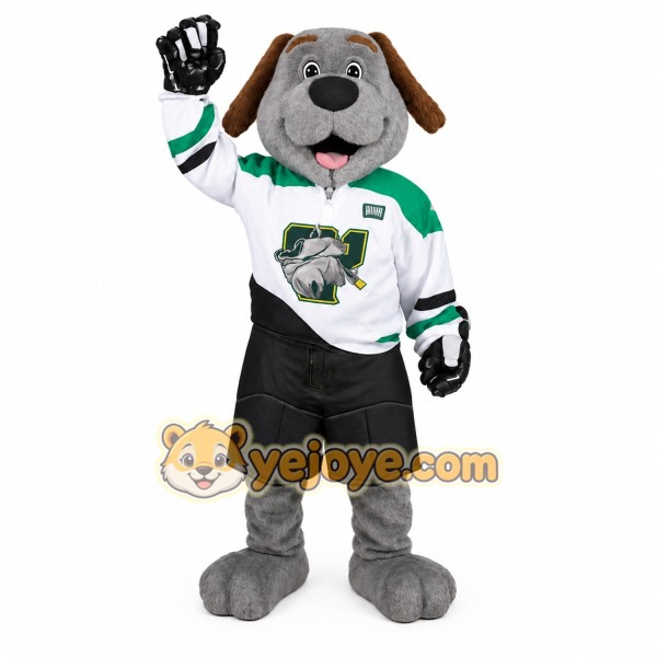Gray Brown Green White Hockey Dog Mascot Costume