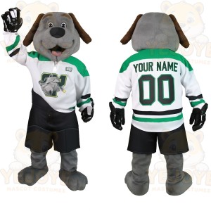 Gray Brown Green White Hockey Dog Mascot Costume