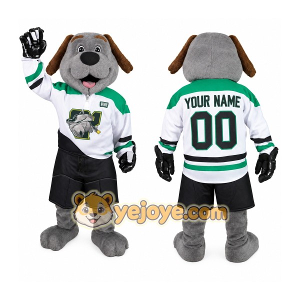 Gray Brown Green White Hockey Dog Mascot Costume