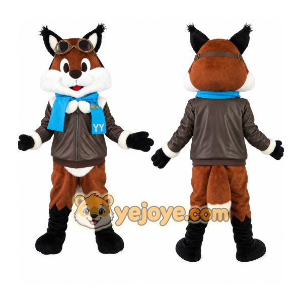 Brown Black White Aviator Fox Mascot Costume