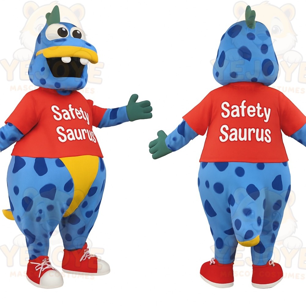 Blue Red Spotted Dinosaur Mascot Costume