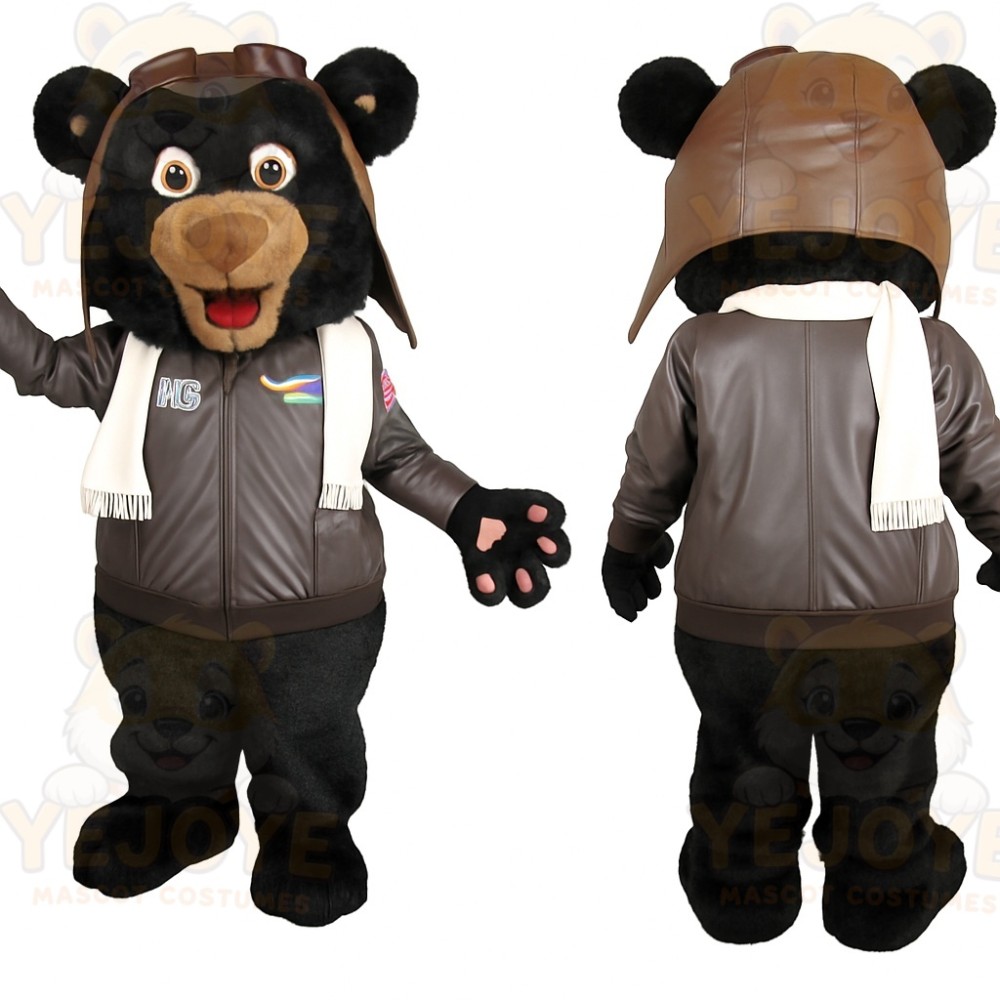 Black Brown Aviator Bear Mascot Costume