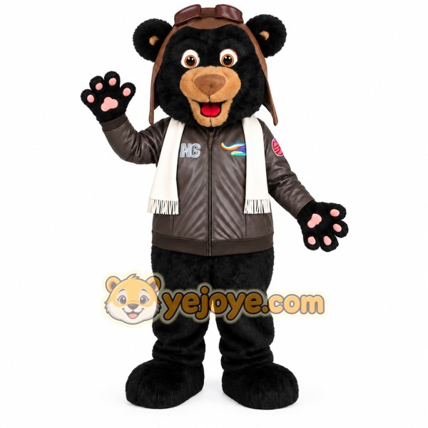 Black Brown Aviator Bear Mascot Costume