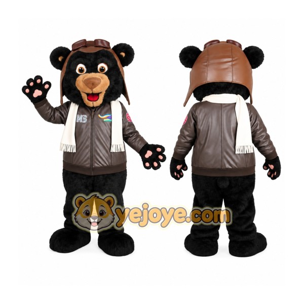 Black Brown Aviator Bear Mascot Costume