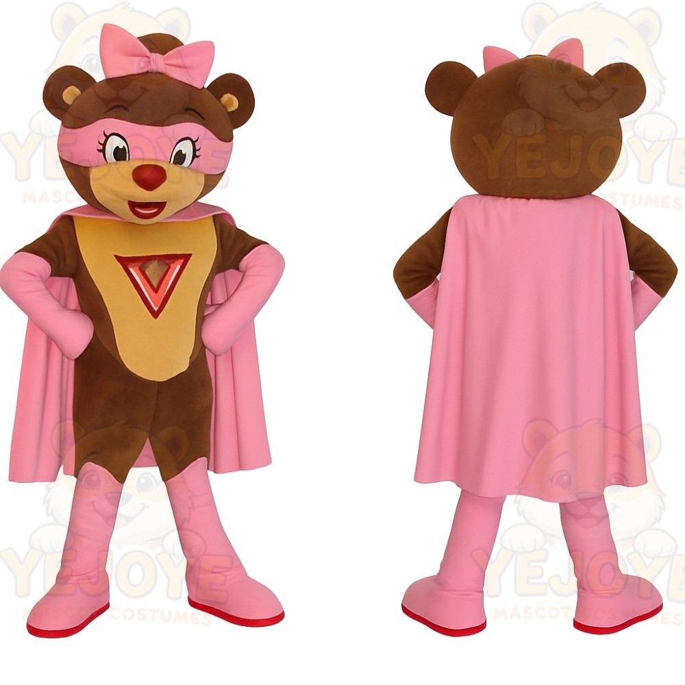 Brown Pink Superhero Bear Mascot Costume