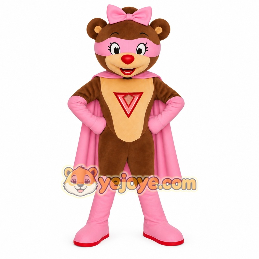Brown Pink Superhero Bear Mascot Costume Brown Pink Superhero Bear Mascot Costume