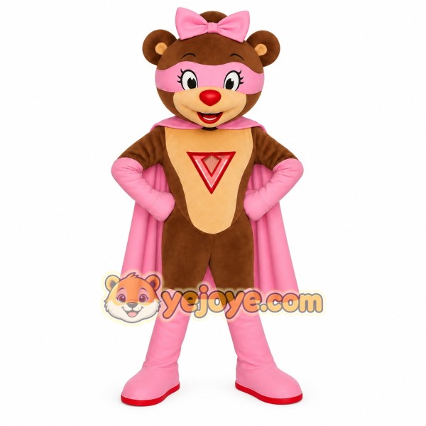 Brown Pink Superhero Bear Mascot Costume