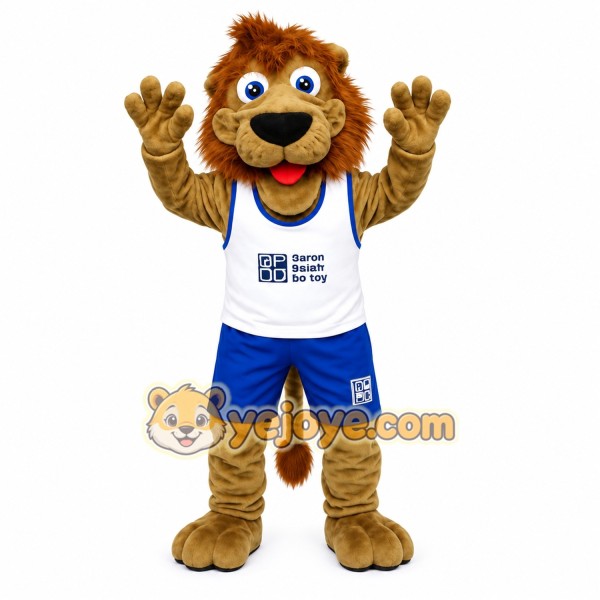 Brown White Blue Sports Lion Mascot Costume