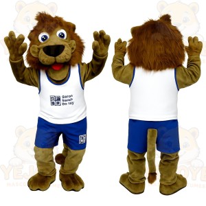 Brown White Blue Sports Lion Mascot Costume
