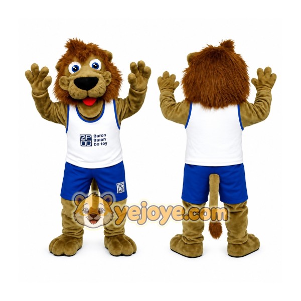 Brown White Blue Sports Lion Mascot Costume