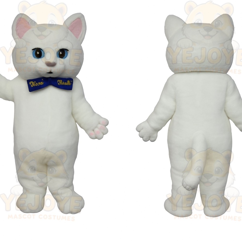 White Pink Eared Cat With Blue Bow Mascot Costume