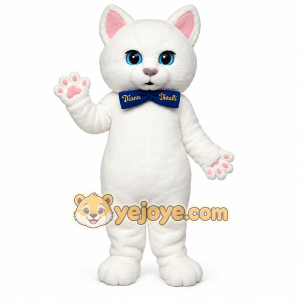 White Pink Eared Cat With Blue Bow Mascot Costume White Pink Eared Cat With Blue Bow Mascot Costume