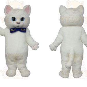 White Pink Eared Cat With Blue Bow Mascot Costume