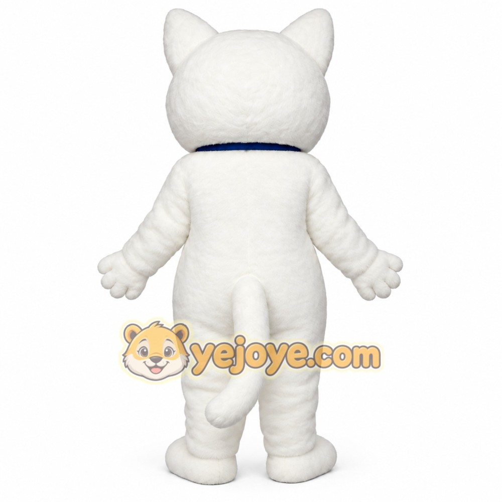 White Pink Eared Cat With Blue Bow Mascot Costume White Pink Eared Cat With Blue Bow Mascot Costume