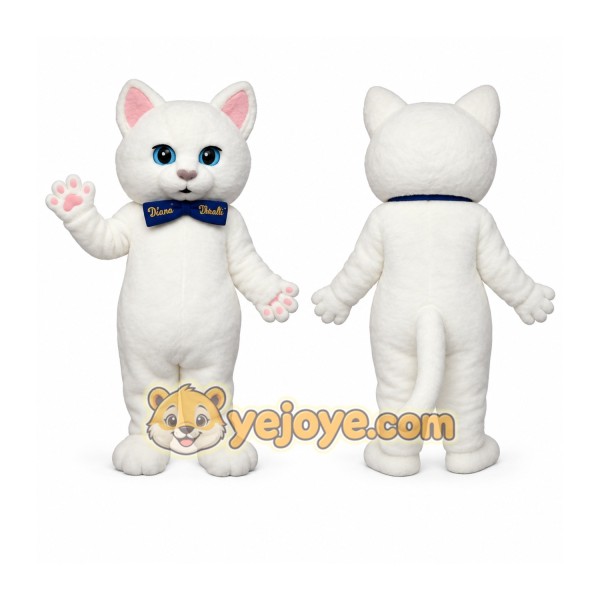 White Pink Eared Cat With Blue Bow Mascot Costume