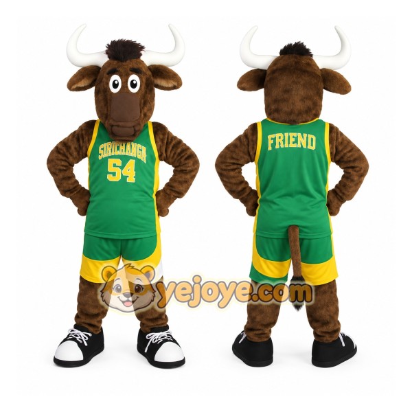 Brown Green Yellow Basketball Bull Mascot Costume