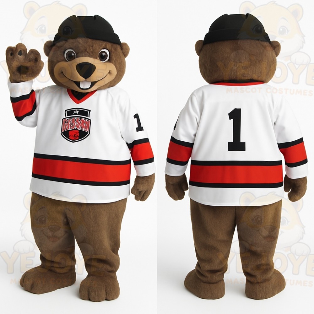 Brown White Hockey Beaver Mascot Costume