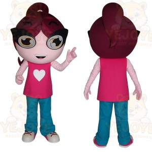 Pink Burgundy Teal Cartoon Girl Mascot Costume