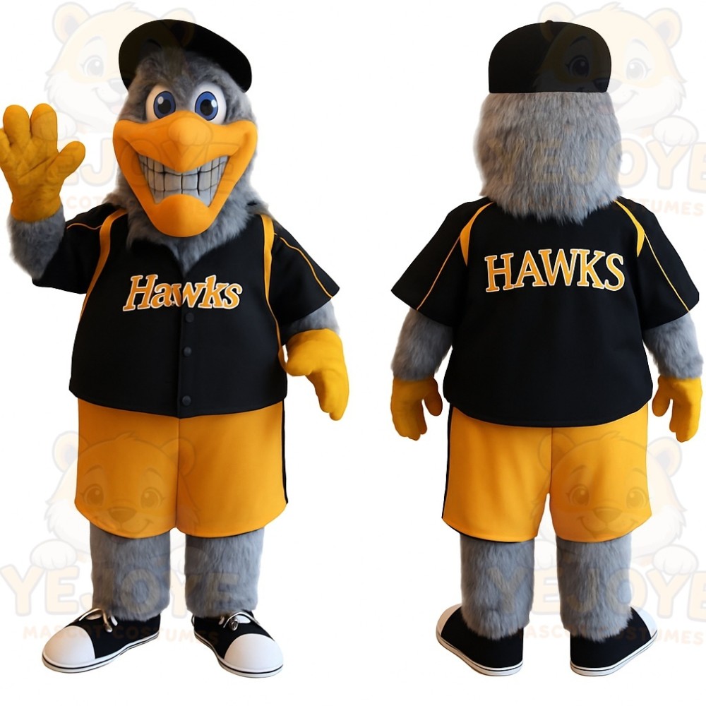 Gray Yellow Black Hawk Baseball Mascot Costume