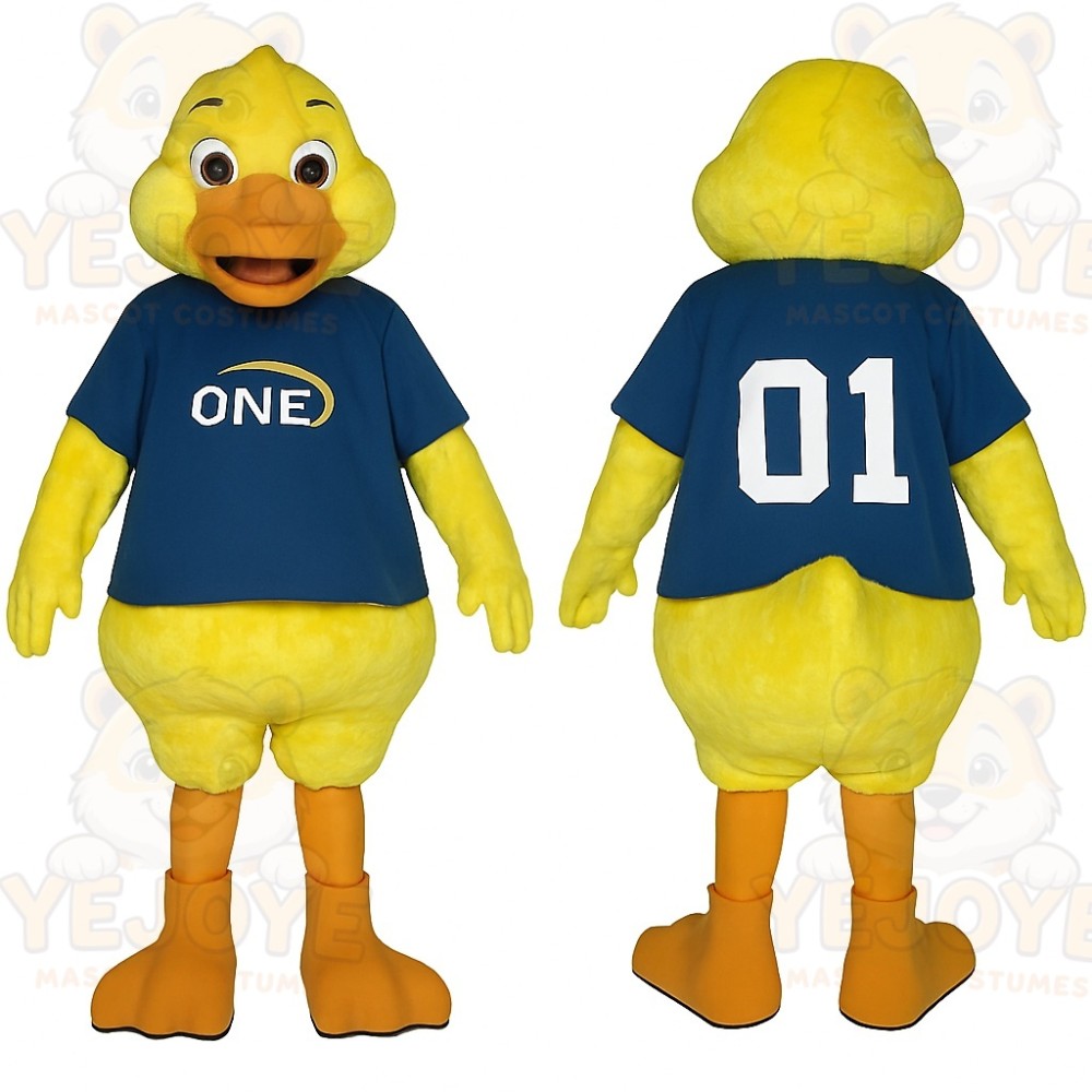 Yellow Duck With Blue Shirt Mascot Costume