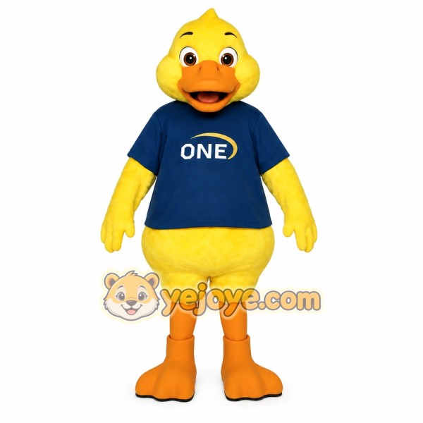 Yellow Duck With Blue Shirt Mascot Costume