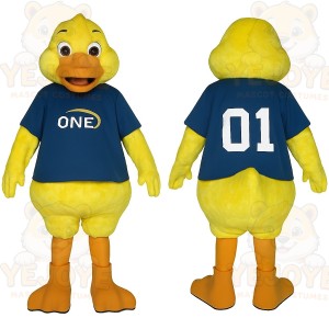 Yellow Duck With Blue Shirt Mascot Costume