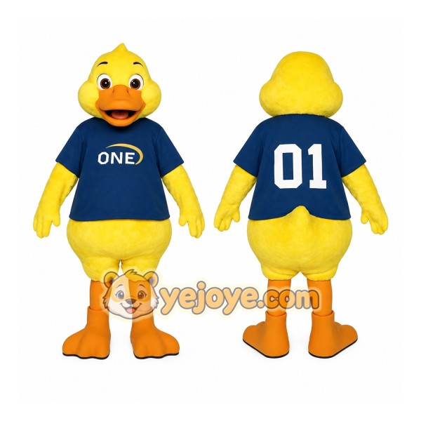 Yellow Duck With Blue Shirt Mascot Costume