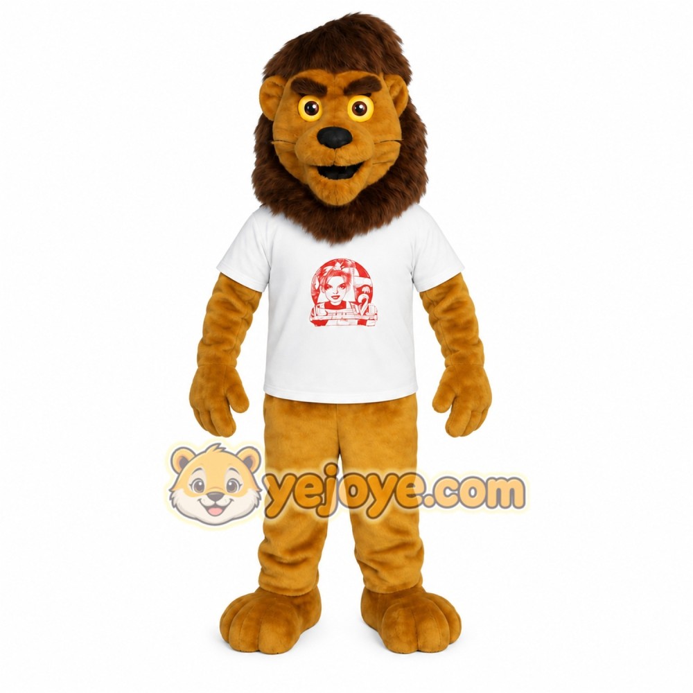 Golden Brown Lion In White Shirt Mascot Costume